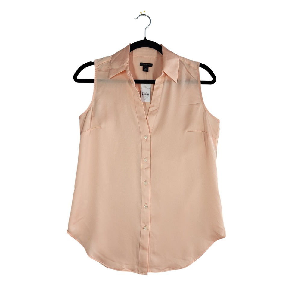 Ann Taylor Peach Sleeveless Satin Blouse XS Button Down Shell V-neck Layer NEW